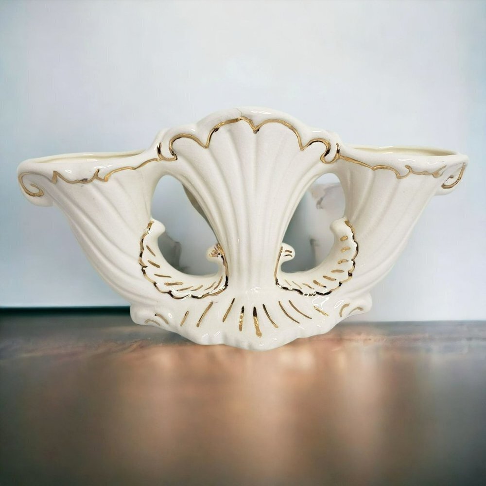 Vtg MCM 50s Triple Vase Pottery Art Deco Decorative Centerpiece Table White Gold